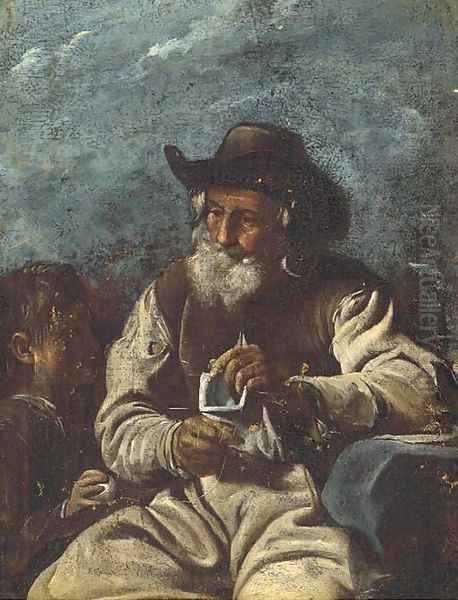 An old man knitting with a young boy Oil Painting by Giacomo Francesco Cipper