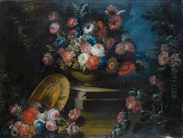 A Pewter Dish, Roses, Bluebells,
 Carnationsand Other Flowers In A Vase On A Stone Ledge In A Garden Oil Painting by Giuseppe Lavagna