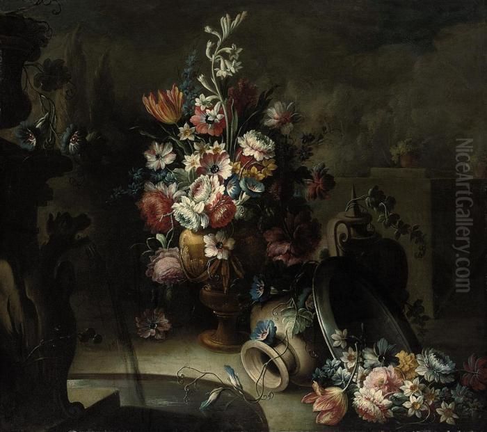 Roses, Tulips, Morning Glory, 
Narcissi And Other Flowers In Asculpted Urn, With Two Vases And A Plate 
With Flowers, Beside Afountain Oil Painting by Giuseppe Lavagna