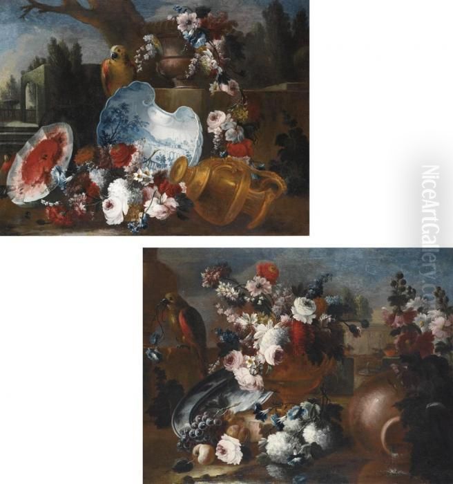 Vaso Di Fiori, Frutta E Piatto 
In Maiolica Su Sfondo Di Giardino; E Vaso Di Fiori E Pappagallo Su 
Sfondo Di Giardino Oil Painting by Giuseppe Lavagna