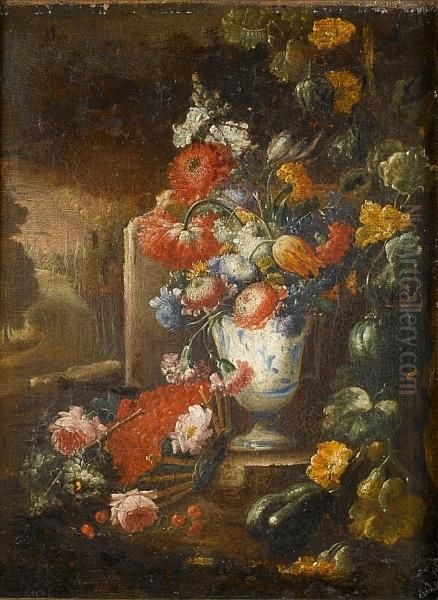 Roses, Carnations, Poppies And 
Other Flowersin A Blue And White Vase, On A Stone Ledge, A 
Landscapebeyond Oil Painting by Giuseppe Lavagna