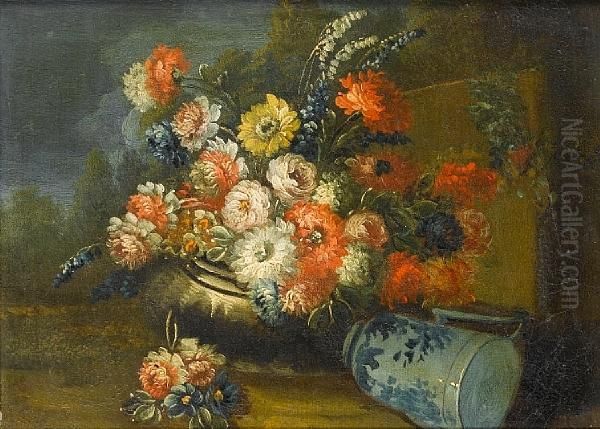 Roses, Chrysanthemums, Daffodils
 And Otherflowers In A Stone Urn And A Dish In A Landscape; And 
Roses,carnations, Lily Of The Valley And Other Flowers In An Urn And 
Ajug In A Landscape Oil Painting by Giuseppe Lavagna