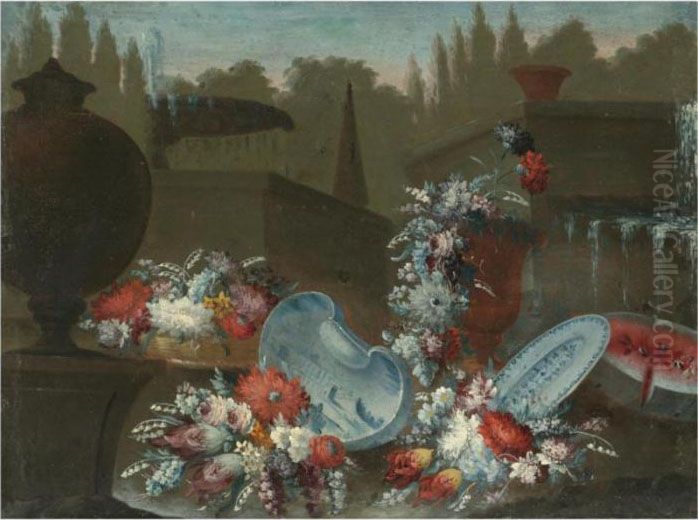 A Still Life With Bouquets Of 
Various Flowers Together With Porcelain Bowls And A Water Melon Beside A
 Fountain In A Parkland Setting Oil Painting by Giuseppe Lavagna
