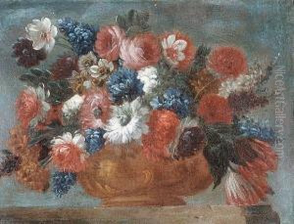 Chrysanthemums, Tulips, Narcisi 
And Other Flowers In A Bronze Urn On A Table-top; And Delphiniums, 
Tulips, Roses, Chrysanthemums And Other Flowers In A Bronze Urn On A 
Table Top Oil Painting by Giuseppe Lavagna