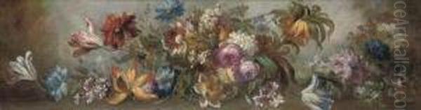 Roses, Tulips, Carnations And Other Flowers In A Clearing Oil Painting by Giuseppe Lavagna