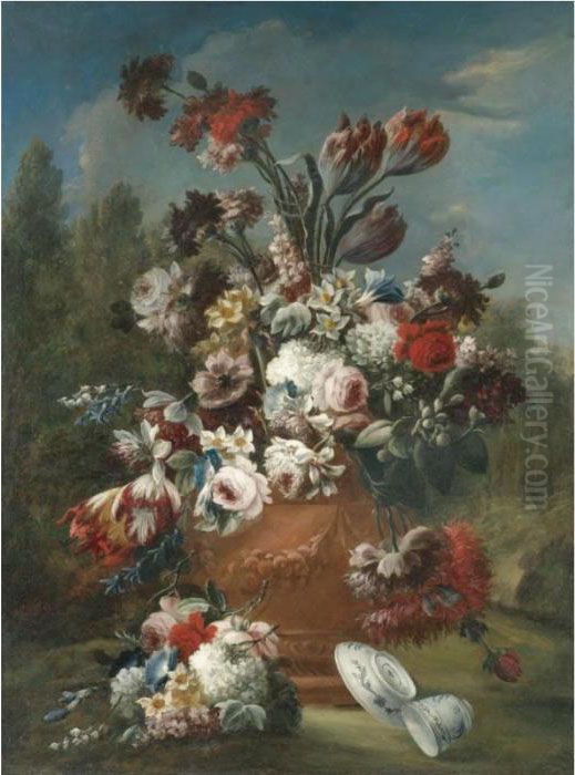 Still Life With Tulips Roses 
Daffodils, Narcissi, Morning Glory, Carnations And Other Flowers In A 
Terracotta Urn With A Porcelain Bowl And Cup In A Landscape Oil Painting by Giuseppe Lavagna