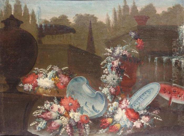 Still Life With Bouquets Of 
Various Flowers Together With Procelain Bowls And A Water Melon Beside A
 Fountain In A Parkland Setting Oil Painting by Giuseppe Lavagna