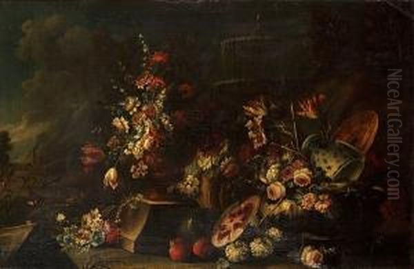 Carnations, Tulips, Peonies And 
Other Flowers In An Urn With Other Flowers , A Melon, Pomegranates And A
 Blue And White Pottery Vase Before A Fountain In A Landscape Oil Painting by Giuseppe Lavagna