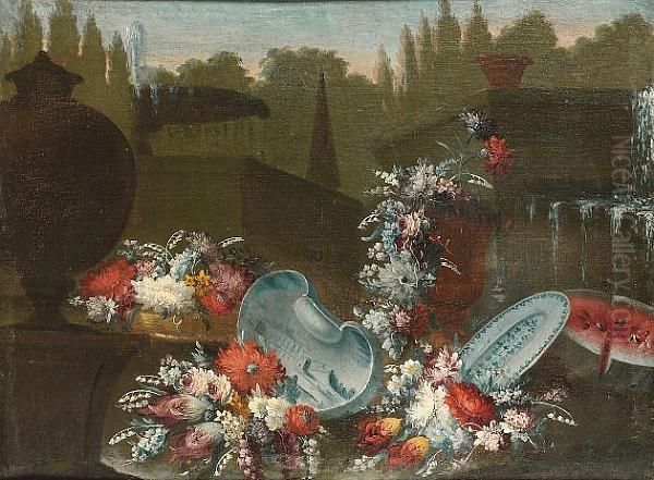 Mixed Flowers With Blue And 
White Bowls And Dishes And A Watermelon Before A Fountain And Urns In A 
Garden Oil Painting by Giuseppe Lavagna
