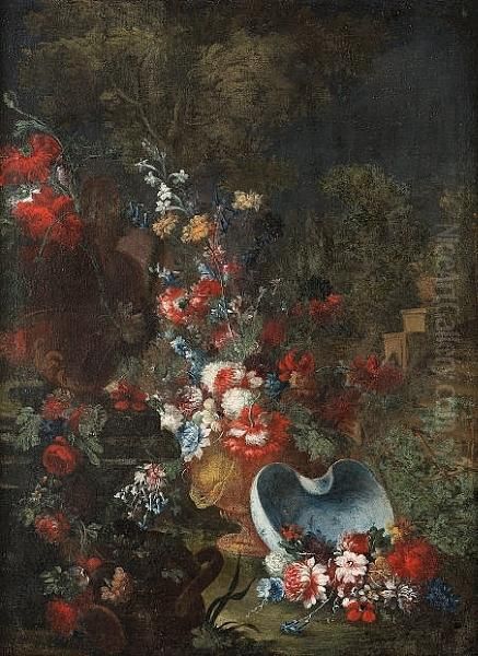 Carnations, Peonies, Cornflowers
 And Other Flowers In A Vase With A Blue And White Porcelain Basin And 
An Urn Decorated With A Swag Of Flowers In A Garden Oil Painting by Giuseppe Lavagna