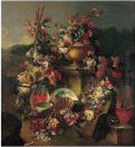 A Still Life Of Flowers In An 
Urn With Flower Garlands Draped On A Stone Pedestal And Surrounded By 
Flowers And Fruit, Including Sunflowers, Cherries, Figs And Watermelons,
 Together With Porcelain, Terracotta, Glass And Silver Plates And Bowls,
 In Oil Painting by Giuseppe Lavagna