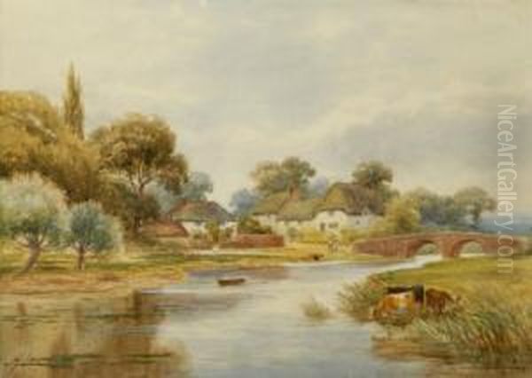 A Landscape With Cattle Drinking
 To Theforeground And A Bridge And Village In The Background Oil Painting by Harold Lawes