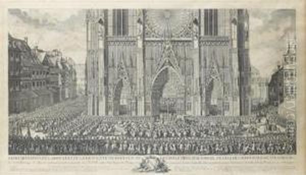 Representation De L'arrivee De 
La Descente Du Roi Louis Xv Devant Le Principal Portail De L'eglise 
Cathedrale De Strasbourg Oil Painting by Jacques Philippe Le Bas