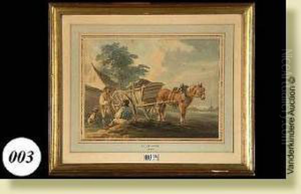 Lahalte Des Paysans, Aquarelle 
Sur Papier. Signee En Bas Au Milieu Lecave Et Datee 1799. Ecole 
Britannique. Dim.: 19x25cm Oil Painting by Peter La Cave
