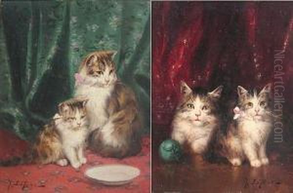 Two Kittens And A Ball Of Yarn; A Cat And Herkitten (a Pair) Oil Painting by Jules Leroy