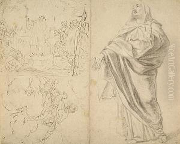 Mars And Venus; Standing Female 
Figure, Jesuit Preaching And Mars And Venus: A Double Sided Work Oil Painting by Eustache Le Sueur