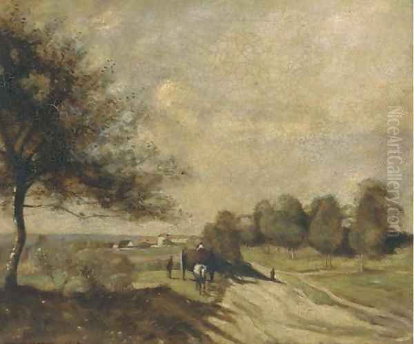 A horse and cart on a country road Oil Painting by Jean-Baptiste-Camille Corot