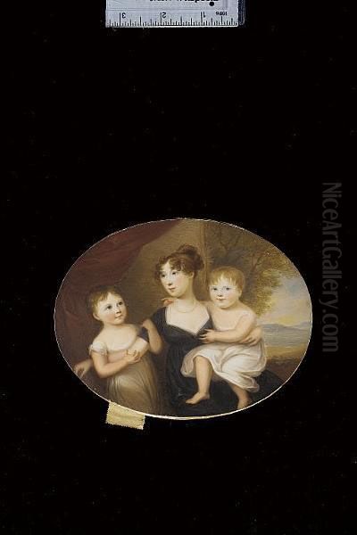 Mrs Pringle (nee Halkett), 
Wearing Black Dress With White Underslip And Pearl Necklace; With Her 
Daughters Mary And Charlotte Both Wearing White Dresses, Red Curtain And
 Landscape Background Oil Painting by James Leakey