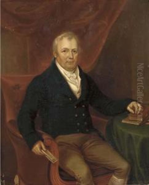 Portrait Of A Gentleman, 
Three-quarter-length, In A Blue Jacket, Seated At A Table And Holding A 
Note In His Right Hand Oil Painting by James Leakey