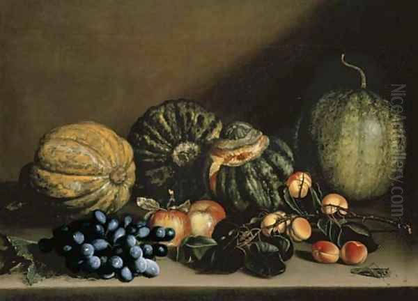 Melons, apricots, grapes and apples on a stone ledge Oil Painting by Caravaggio