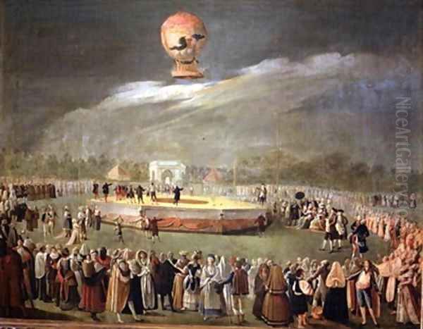 Balloon Ascension in the Gardens of Aranjuez Oil Painting by Antonio Carnicero Y Mancio