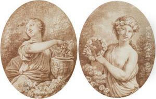 Allegorie Du Printemps Tenant 
Une Couronne; Et Allegorie De L'automne Pressant Une Grappe De Raisins Oil Painting by Jean Jacques Francois Le Barbier