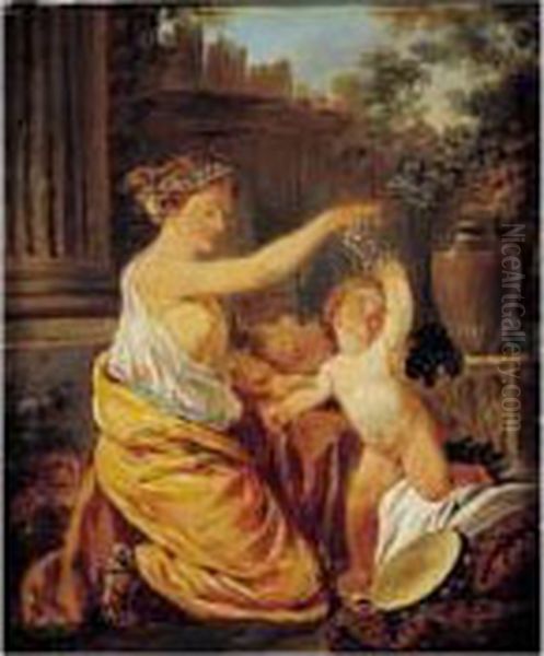 Bacchante Et Putti Jouant Avec Une Grappe De Raisins Oil Painting by Jean Jacques Francois Le Barbier