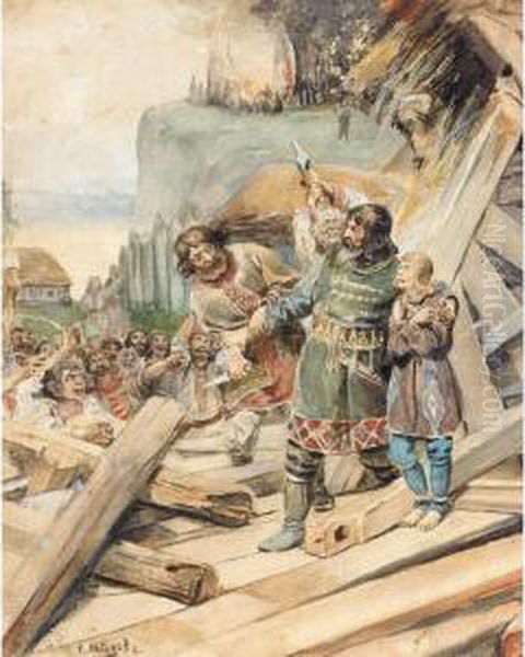 Ancient Rus Oil Painting by Klavdiy Vasilievich Lebedev