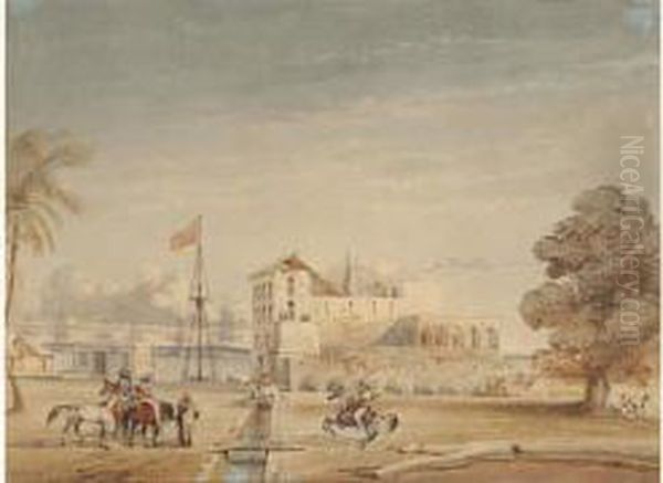 Des Cavaliers Dans Un Port Oriental, Une Armada En Arriere
 Plan Oil Painting by Louis Lebreton