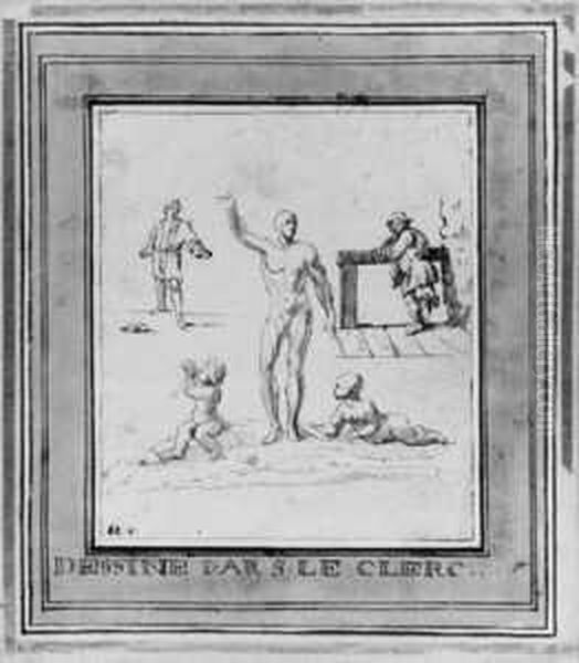 Skizzenblatt Mit Figurenstudien 
(zwei Stehende Manner Und Ein Stehender Mann Mit Zwei Kindern). Oil Painting by Sebastien Leclerc