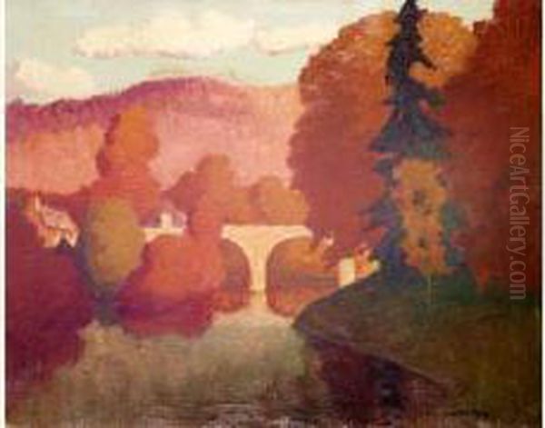 L'automne Au Pont Du Vey, Normandie, Circa 1930-40 Oil Painting by Jean-Baptiste Lucien