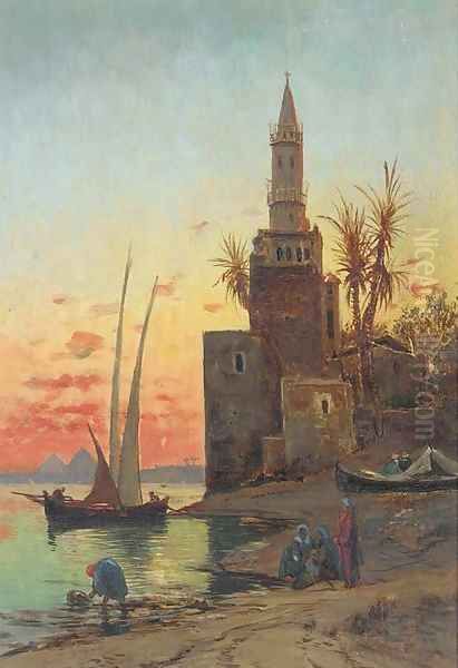 Sunset on the Nile, the Pyramids beyond Oil Painting by Hermann David Solomon Corrodi