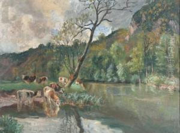 L'orne A La Roche A 
Bunel-calvados (pres Thury Harcourt) Landschaft Mit Kuhen Bei Der Tranke
 Am Ufer Oil Painting by Raymond Louis Lecourt