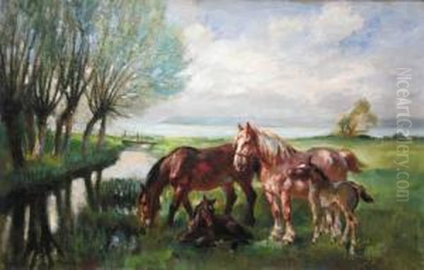 Chevaux Au Pre Oil Painting by Raymond Louis Lecourt