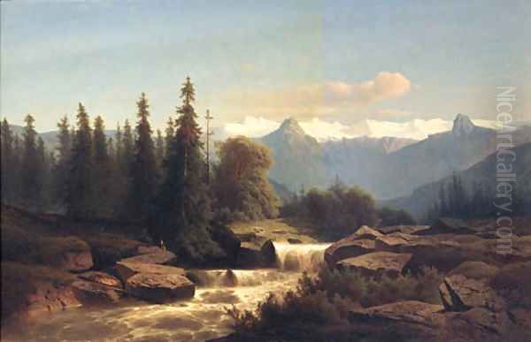 Anglers Fishing In Mountain Rapids Oil Painting by Adolf Chwala