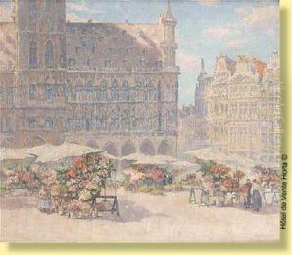 Marche Aux Fleurs A La Grand Place De
 Bruxelles Oil Painting by Paul Leduc