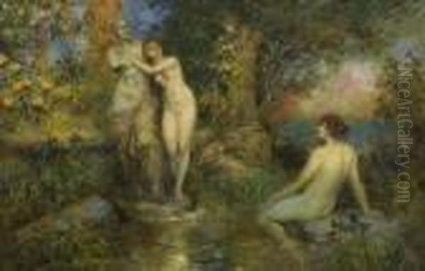 Zwei Nymphen Bei Einer
 Statue Oil Painting by Ferdinand Leeke