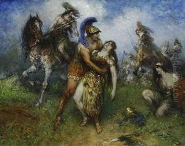 Achilles Mit Der Sterbenden
 Amazonenkonigin Penthiselea. Oil Painting by Ferdinand Leeke