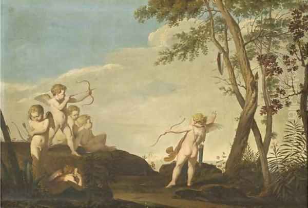 A Mediterranean landscape with putti firing arrows to a shield Oil Painting by Giovanni Batista Cipriani