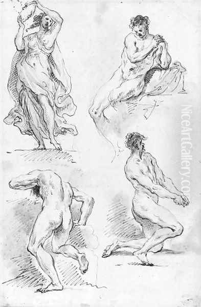 A nymph playing tambourine and three nudes Oil Painting by Giovanni Batista Cipriani