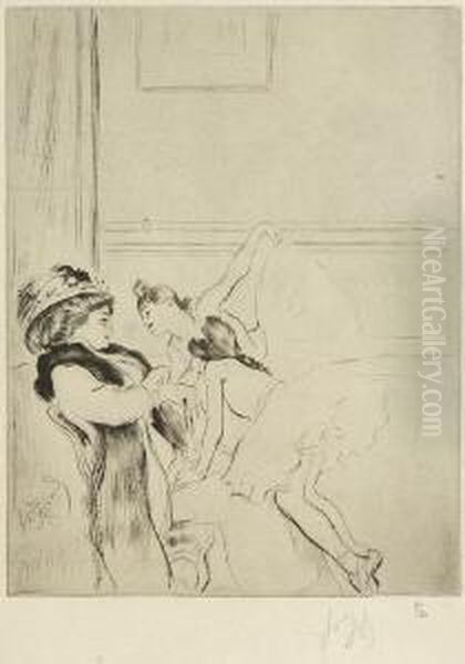 Zwei Balletteusen Begrusen Eine
 Alte Dame. Oil Painting by Louis Auguste M. Legrand