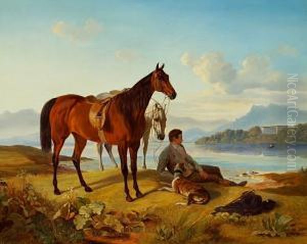 Southern European Landscape With Two Horses And A Rider Taking A Rest Oil Painting by Edvard Lehmann