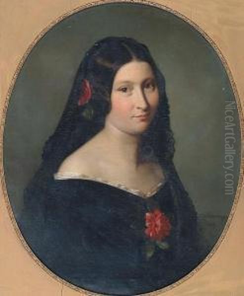 Portrait Of A Lady, Head And 
Shoulders, Wearing Spanish-style Black Lace Headdress, Black Dress, And 
Pink Rose In Her Hair And Corsage Oil Painting by Rudolf August Wilhelm Lehmann