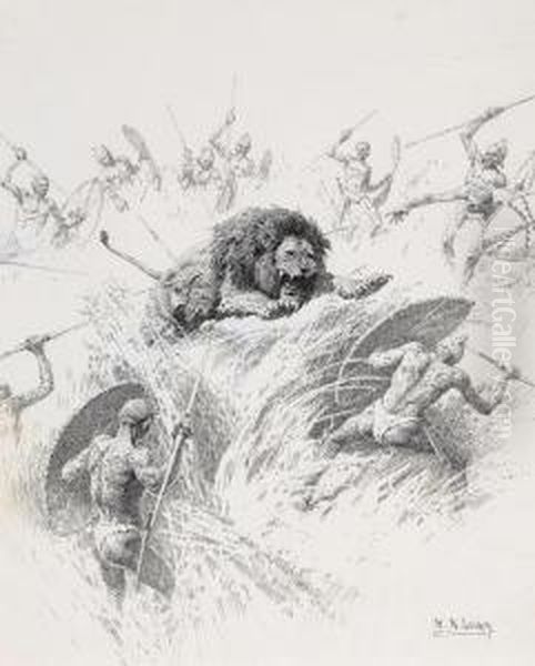 Lion Spearing In Tanganyika Oil Painting by William Robinson Leigh
