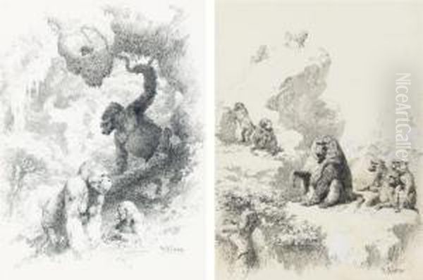 Baboons In The Lukenia Hills; And Gorillas In The River Oil Painting by William Robinson Leigh
