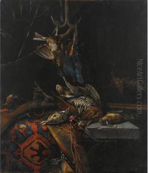 Other Properties
 

 
 
 

 
 A Still Life With A Woodcock, A Kingfisher And Songbirds, All 
On A Stone Table Draped With A Tapestry, Together With A Gun Oil Painting by Cornelis van Lelienbergh