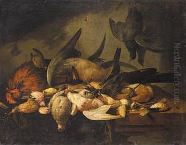 Still Life With A Cockerel, A 
Duck, A Snipe And Various Songbirds Together On A Wooden Table Oil Painting by Cornelis van Lelienbergh