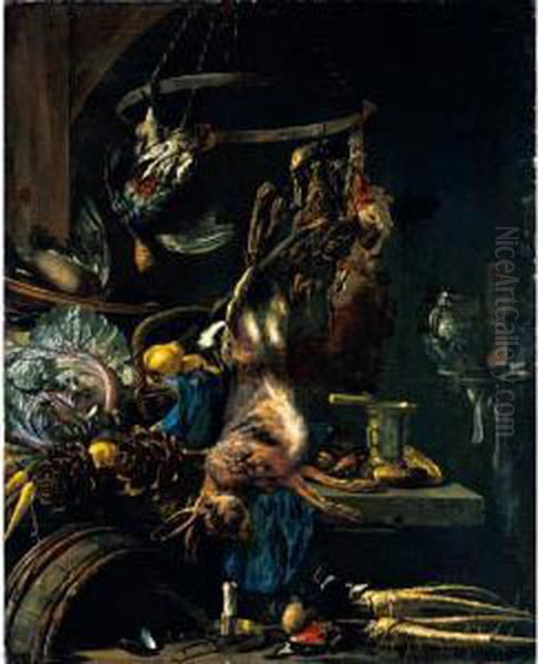 Still Life With A Hare, 
Songbirds, A Partridge And Other Gamebirds Together With A Cabbage, 
Artichokes, Carrots And Other Vegetables Oil Painting by Cornelis van Lelienbergh