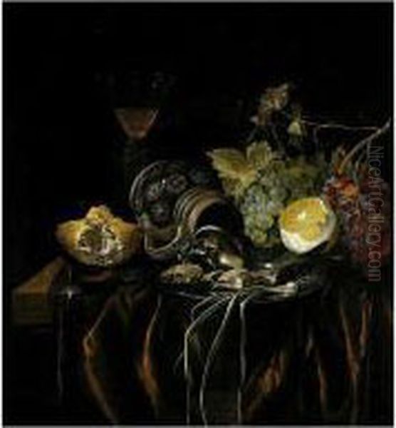 A Still Life Of A Siegburger 
Kanne, Herring, And A Spring Onion On A Silver Plate, Grapes, A Peeled 
Lemon, A Bread Roll And A Glass With Wine, All Upon A Table Draped With A
 Red Cloth Oil Painting by Cornelis van Lelienbergh