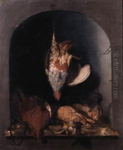 A Trompe L'oeil: A Grey 
Partridge Hanging From A String On A Nailbefore A Stone Niche With Dead 
Grouse, A Rabbit, Black Game And Ahunting Bag On A Marble Ledge Oil Painting by Cornelis van Lelienbergh